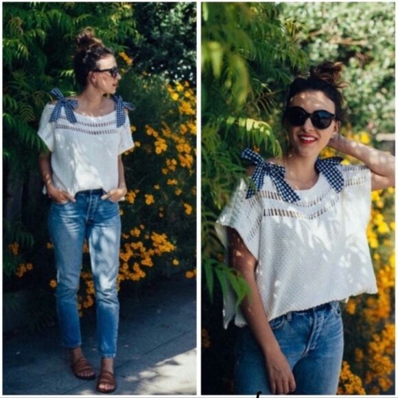 Anthropologie Maeve Gingham Ribbon Sleeve Sweater Small - Picture 4 of 10